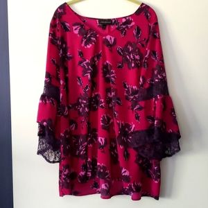 Quarter sleeve black flowers maroon blouse